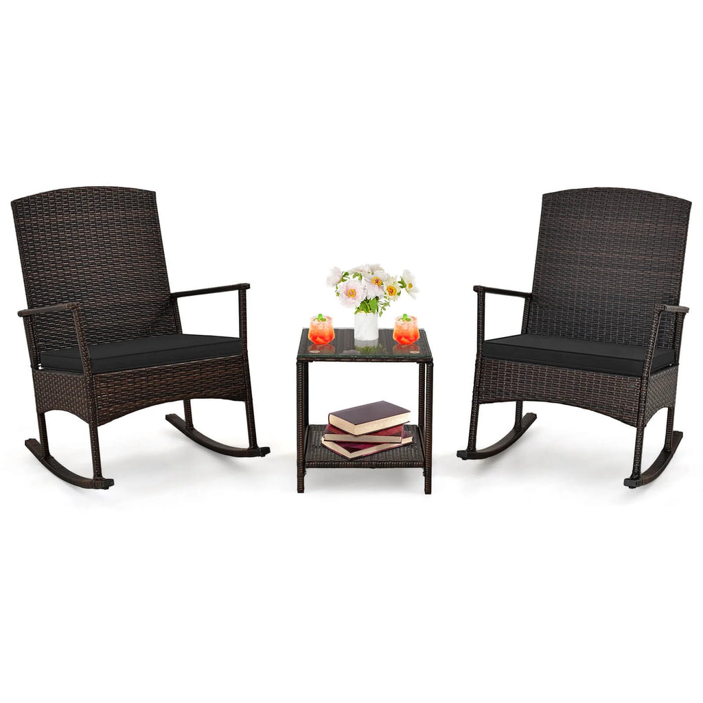 Costway Serenity 3 Piece Patio Rocking Wicker Rockers with White Cushions 2 Tier Coffee Table
