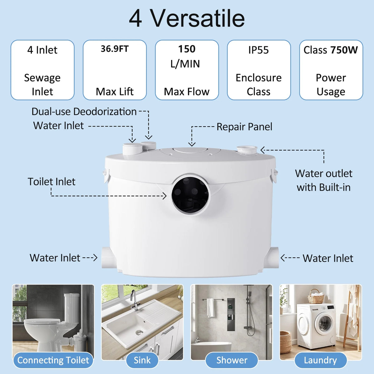 SUPERFLO 750W Macerating Toilet System - Dual Flush, Upflush Toilet for Basement with 4 Water Inlet & Attics, Incinerator Composting Toilets with Macerator Pump, Quiet Operation, Space Saving