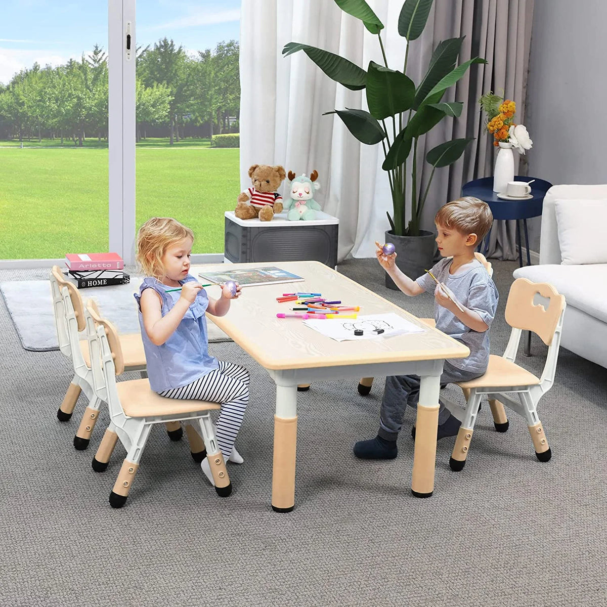 Arlopu Toddler Table and Chair Set Height Adjustable, Kids Activity Table for Reading, Drawing, Eating, Studying, Max 220lbs