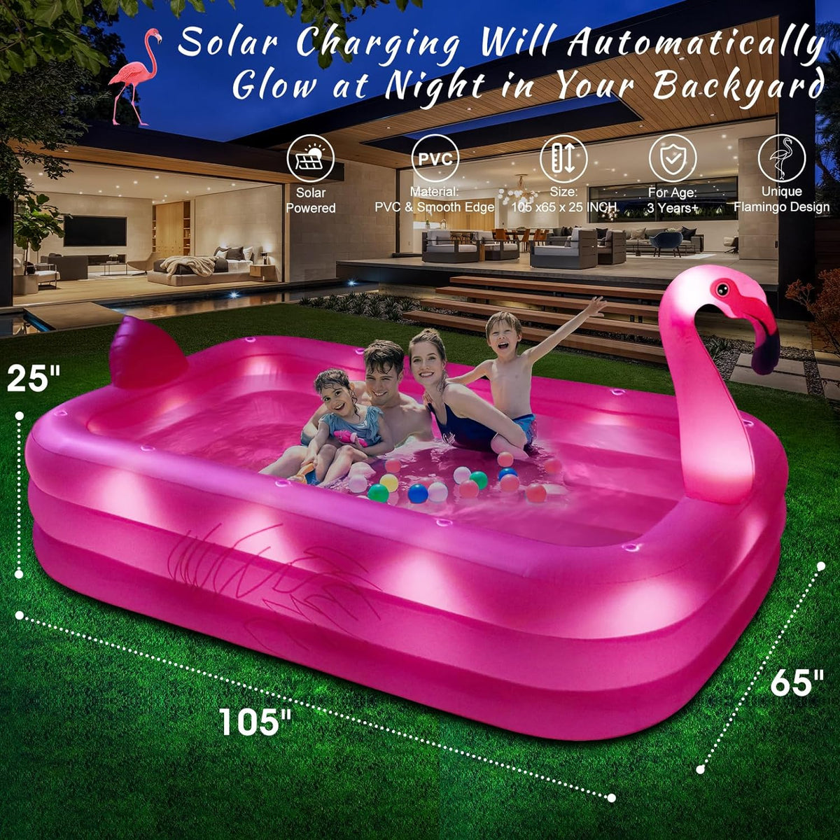Inflatable Pool with Lights,  Solar Flamingo Swimming Pool for Kids,Adults Inflatable Blow up Pool, Large Kiddie Pool, Durable Thickened Inflatable Family Pool for Backyard,Outdoor,105"x65"x25"