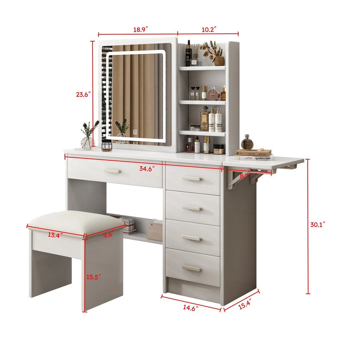 Montary Modern Mini Vanity w/Adjustable LED Mirror + Hidden Storage, Padded Stool & Dustproof Shelves (White)