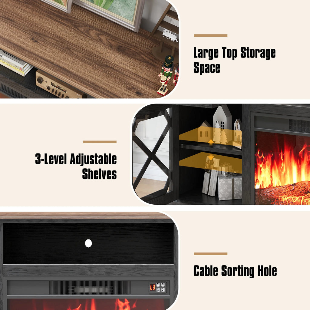 SESSLIFE Fireplace TV Stand for 65 Inch TV, TV Console with 23''Electric Fireplace, Console Entertainment Center Television Table for Living Room or Bedroom, Brown