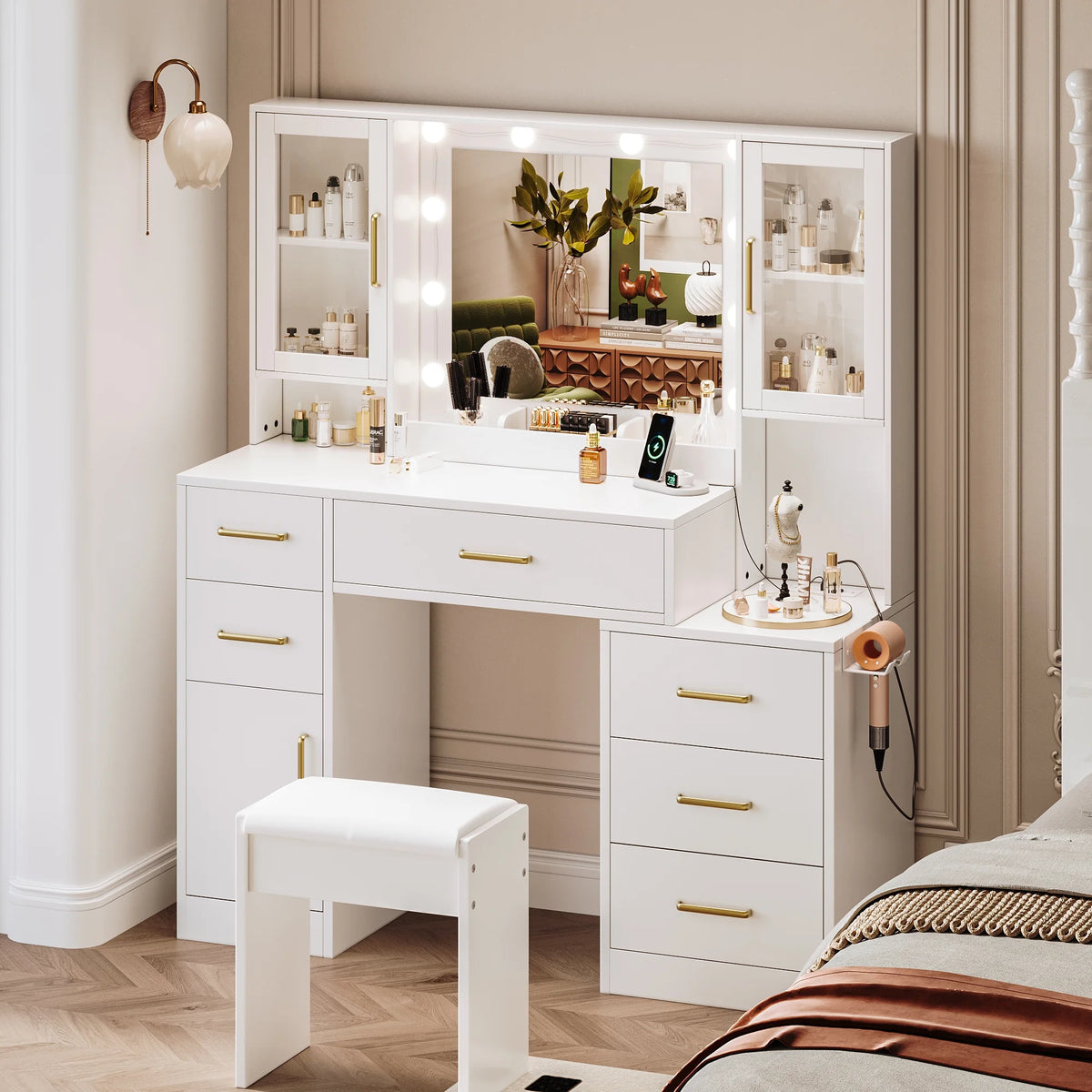 UGTOO 58.3" White Vanity Desk with Mirror, Adjustable Lighting, Power Outlet, Drawers, with Stool