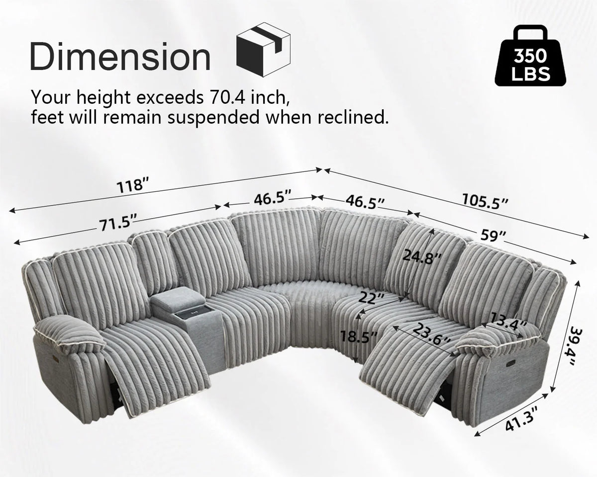 Power Reclining Sectional Sofa with Wireless Charger,6-Seater Faux Fur Sectional with Recliners,Hidden Cup Holders,Storage Console,USB & Type-C Ports,Black