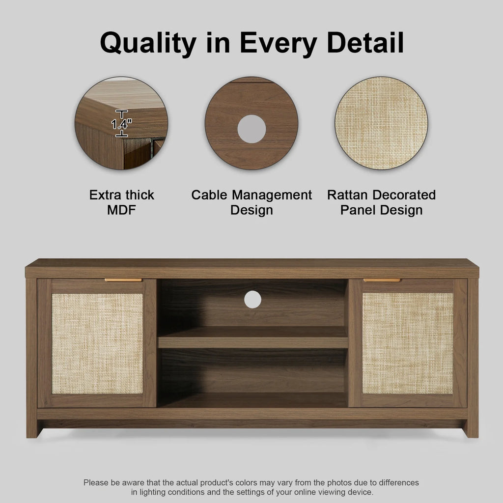 OAKHAM Rattan Tv Stands for 65 Inch Tv, Modern Farmhouse Entertainment Center, TV Console Table with Storage, Wood Media Console with Cabinet, Special Walnut