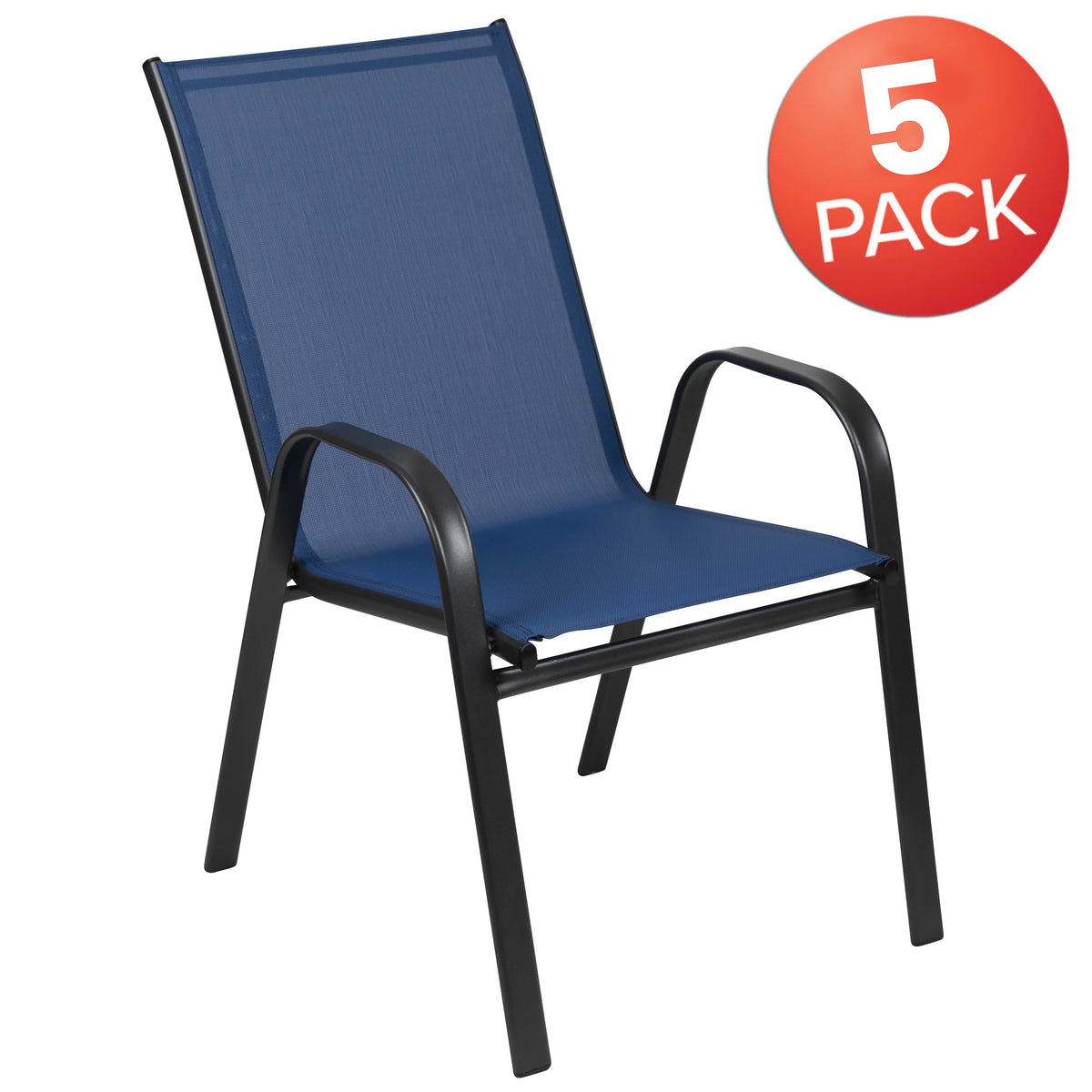 BizChair 5 Pack Black Outdoor Stack Chair with Flex Comfort Material and Metal Frame