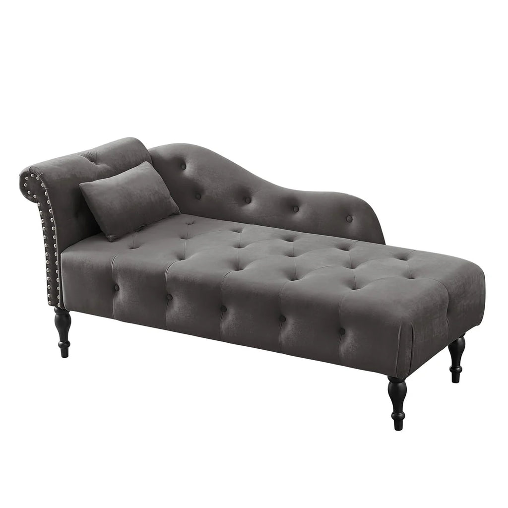 Velvet Chaise Lounge, Rolled Arm Chaise Lounges with 1 Pillow & Solid Wood Legs, 60.6" Left Arm Tufted Lounger Sleeper Sofa Facing Chaise Lounge with Buttons Tufted Nail Head Trimmed, Grey