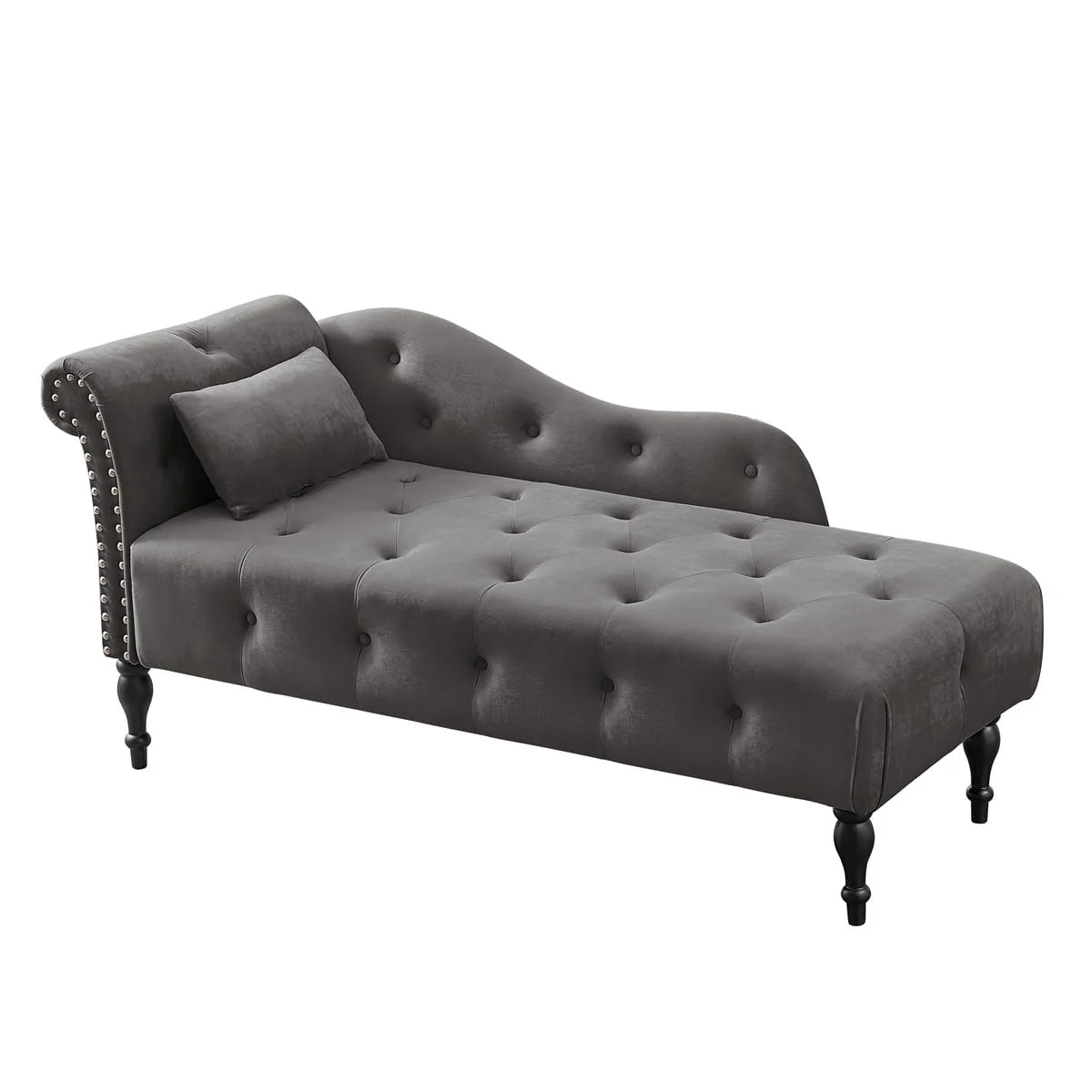 Velvet Chaise Lounge, Rolled Arm Chaise Lounges with 1 Pillow & Solid Wood Legs, 60.6" Left Arm Tufted Lounger Sleeper Sofa Facing Chaise Lounge with Buttons Tufted Nail Head Trimmed, Grey