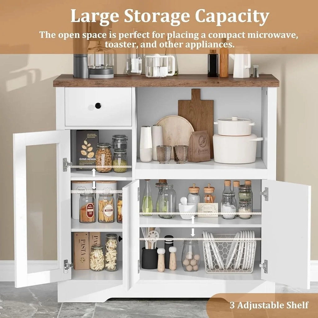 Kitchen Microwave Cabinet with Storage,Buffet Sideboard with 3 Doors, 1 Drawer & Adjustable Shelves, Pantry Storage Cabinet, White