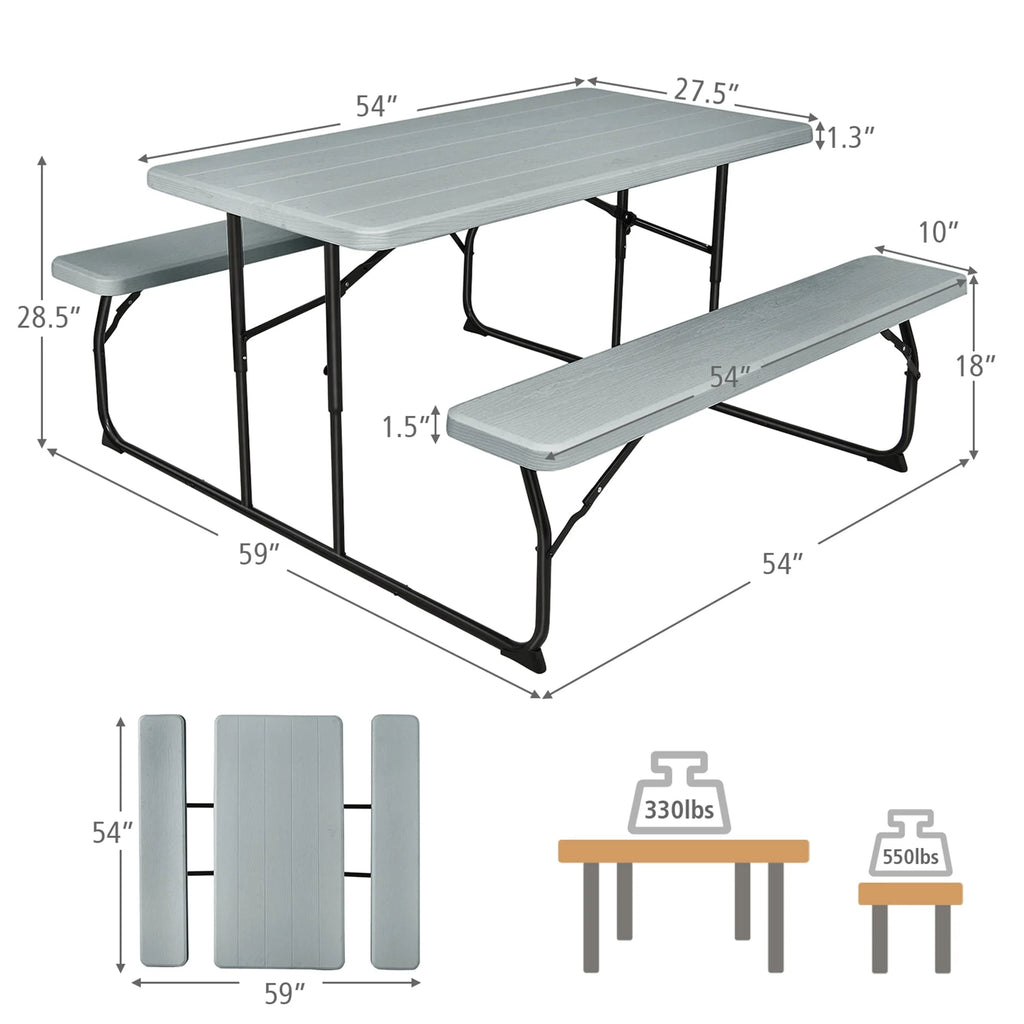 Gymax Folding Picnic Table & Bench Set for Camping BBQ w/ Steel Frame Grey