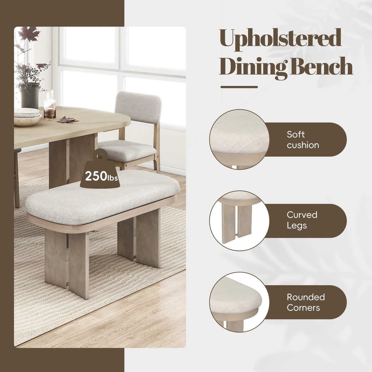 EUROCO 6-Piece Dining Table Set for 6, Rectangular Kitchen Table Set with Wood Frame, 4 Chairs and 1 Bench for Kitchen Dining Room Office,Natural