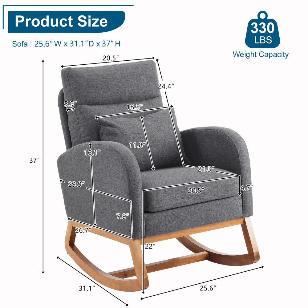 Hassch Upholstered Rocking Chair, Linen Fabric Glider Rocker with High Back, Accent Chair with Solid Wood Base, Reading Chair with Side Pocket for Living Room Bedroom Balcony, Gray