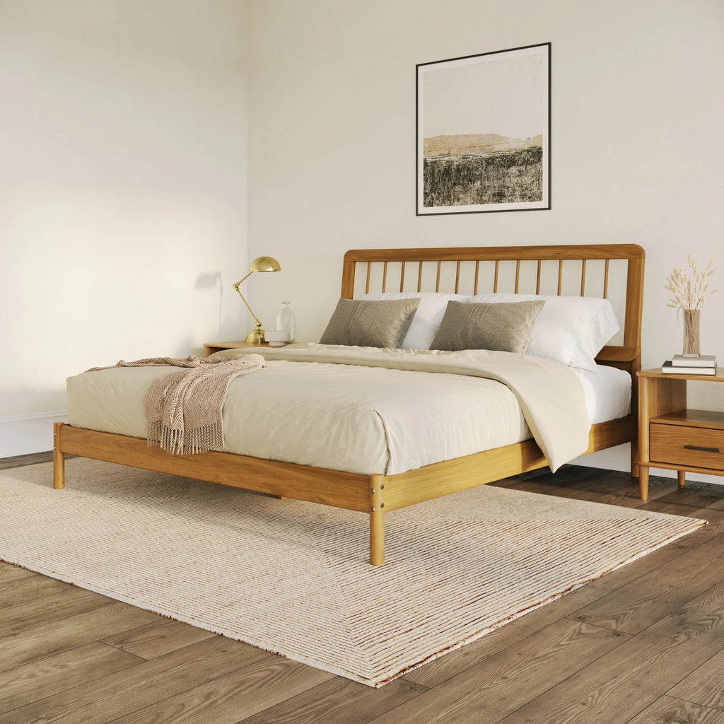 Walker Edison Mid-Century Modern Slatted Solid Wood Queen Bedframe, Natural Pine