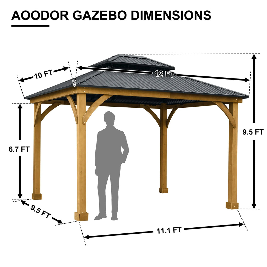 Aoodor 10 x 12 ft Wooden Frame Gazebo with 2-Tier Galvanized Metal Hardtop Roof, Outdoor Patio Gazebo with Charging Socket for Patio, Backyard, Deck, and Lawn