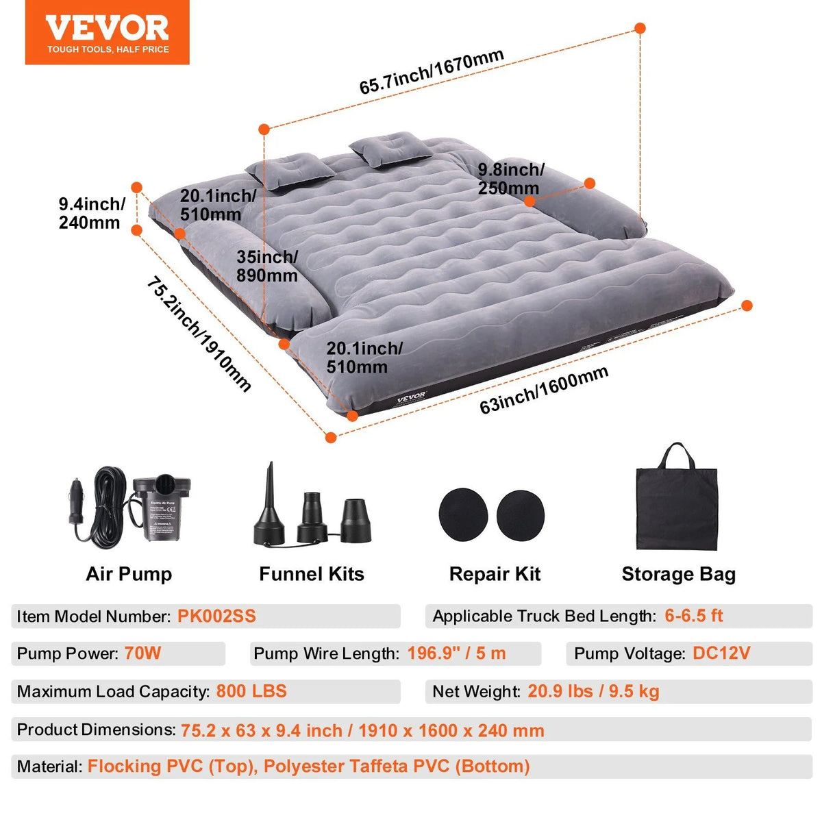 Truck Bed Air Mattress, for 6-6.5 ft Full Size Truck Beds, Carry Bag, for Chevrolet Silverado, Dodge Ram, Inflatable Air Mattress Camping Bed with 12V Air Pump 2 Pillows, Ford 150/250/350