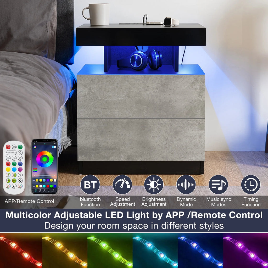 Hommpa LED Nightstand with Wireless Charging Station Modern Nightstand Type C USB Port 2 Drawers Bedside Table Black Smart Night Table High Gloss End Side Table for Bedroom Furniture 22.3" Tall