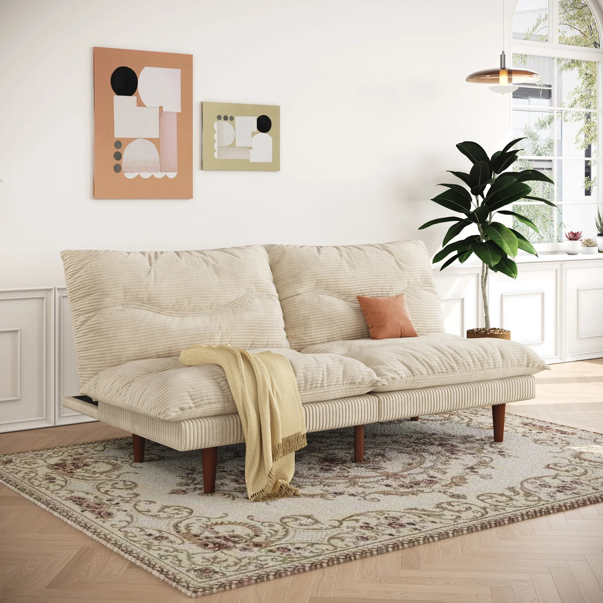 LLappuil 71" Corduroy Futon Convertible Sofa Bed, Loveseat Sleeper Sofa Couch for Living Room Apartment Beige