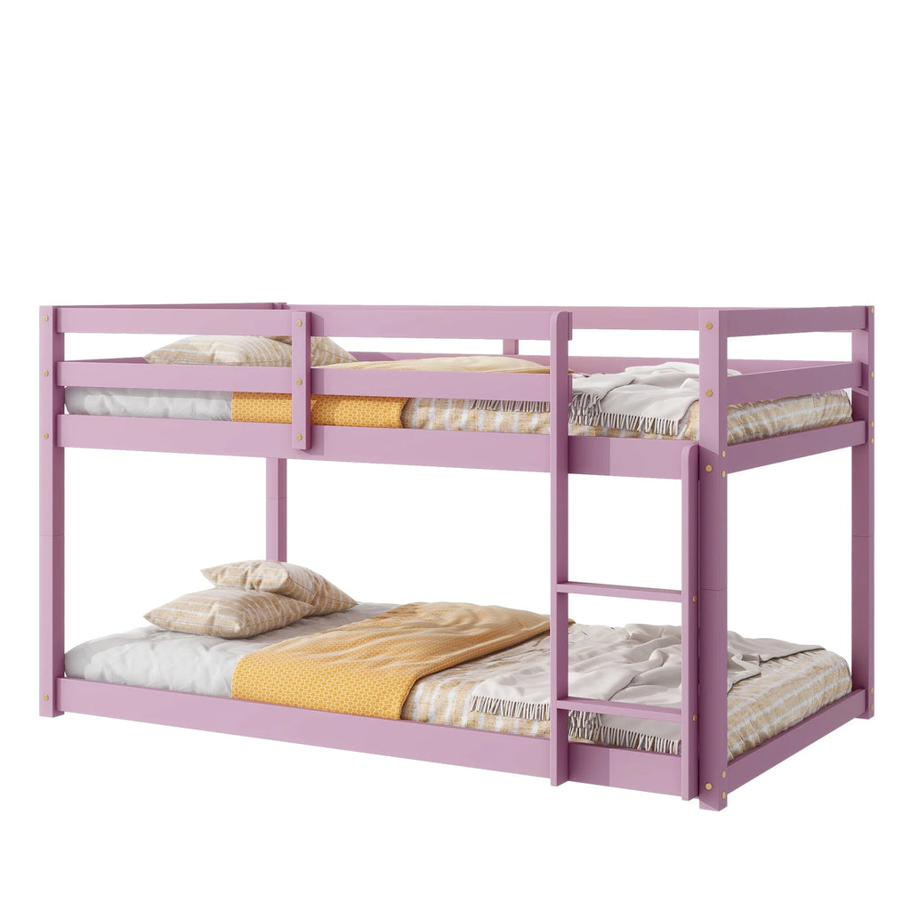 Twin Over Twin Floor Bunk Bed, UHOMEPRO Solid Wood Low Bunk Bed with Safety Rail, Ladder, Heavy Duty Bunk Beds, Space-Saving Bedroom Dorm Furniture, Gray