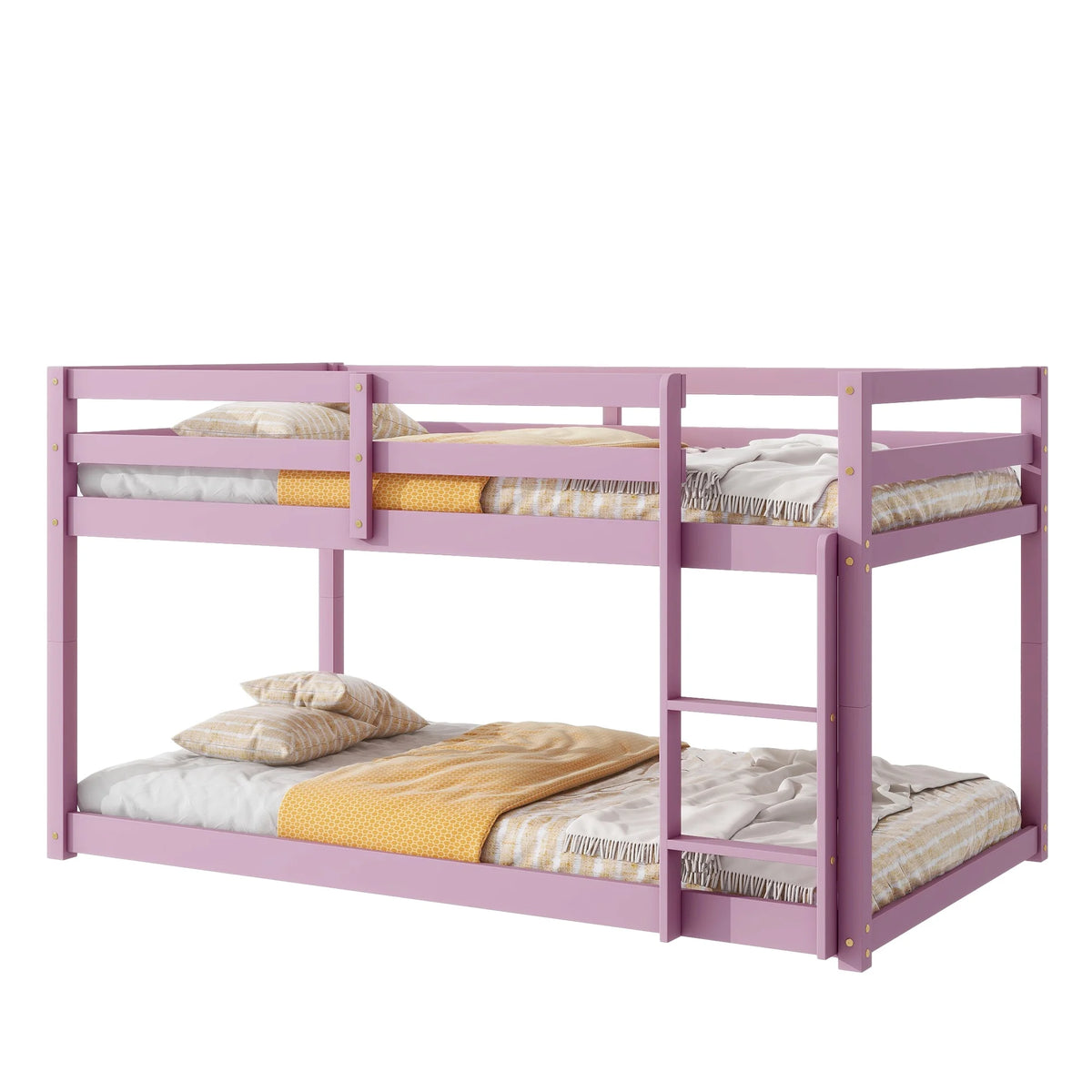 Twin Over Twin Floor Bunk Bed, UHOMEPRO Solid Wood Low Bunk Bed with Safety Rail, Ladder, Heavy Duty Bunk Beds, Space-Saving Bedroom Dorm Furniture, Gray