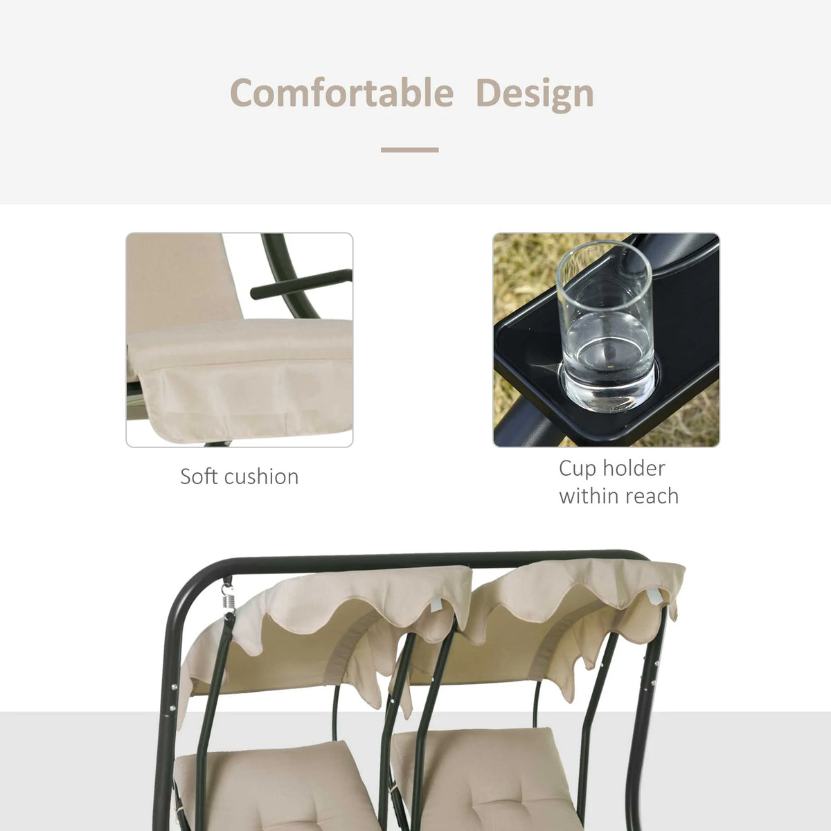 Outsunny 2-Seat Modern Steel Canopy Porch Swing with Cup Holder and Cushions, Beige/Black