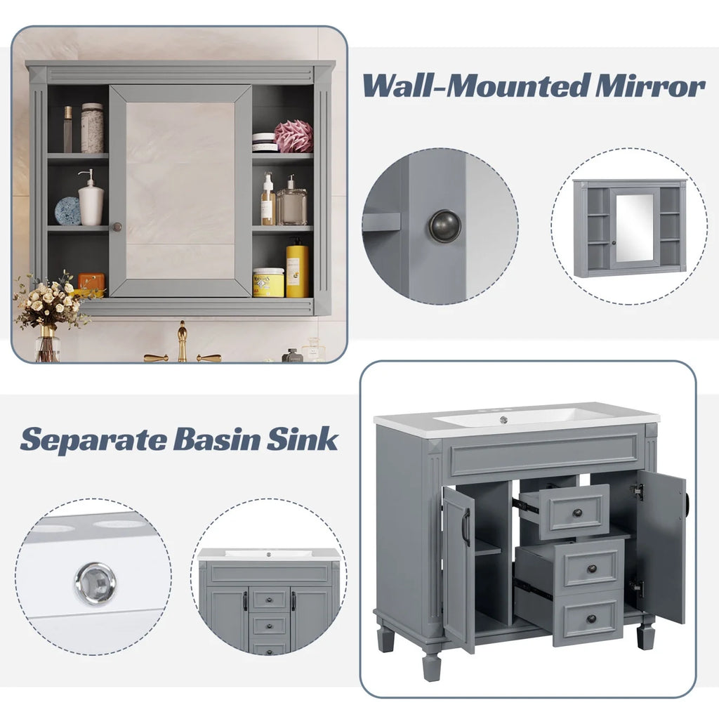 Modern Bathroom Cabinet Set with Top Sink,  Bathroom Vanity with Wall Mounted Bathroom Storage Cabinet, 2 Soft Closing Doors, 2 Drawers, Water-Resistant Paint, Grey