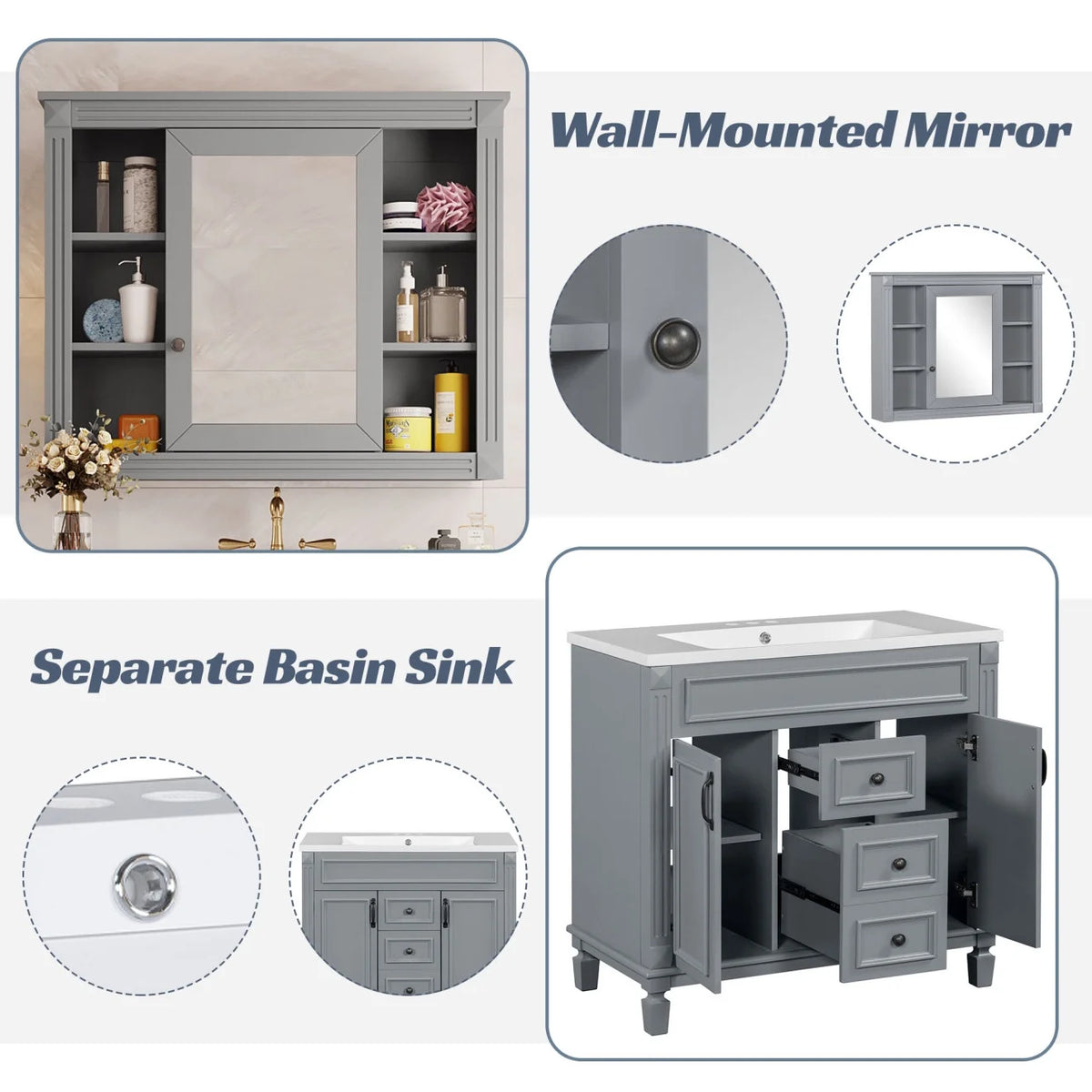 Modern Bathroom Cabinet Set with Top Sink,  Bathroom Vanity with Wall Mounted Bathroom Storage Cabinet, 2 Soft Closing Doors, 2 Drawers, Water-Resistant Paint, Grey
