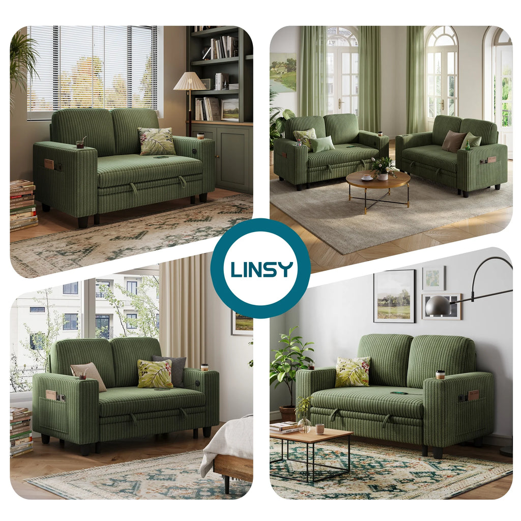 Linsy Home Plush Corduroy Pull Out Couch Chaise Lounge, Convertible Loveseat Sofa Couch With Usb & Cup Holder, Green