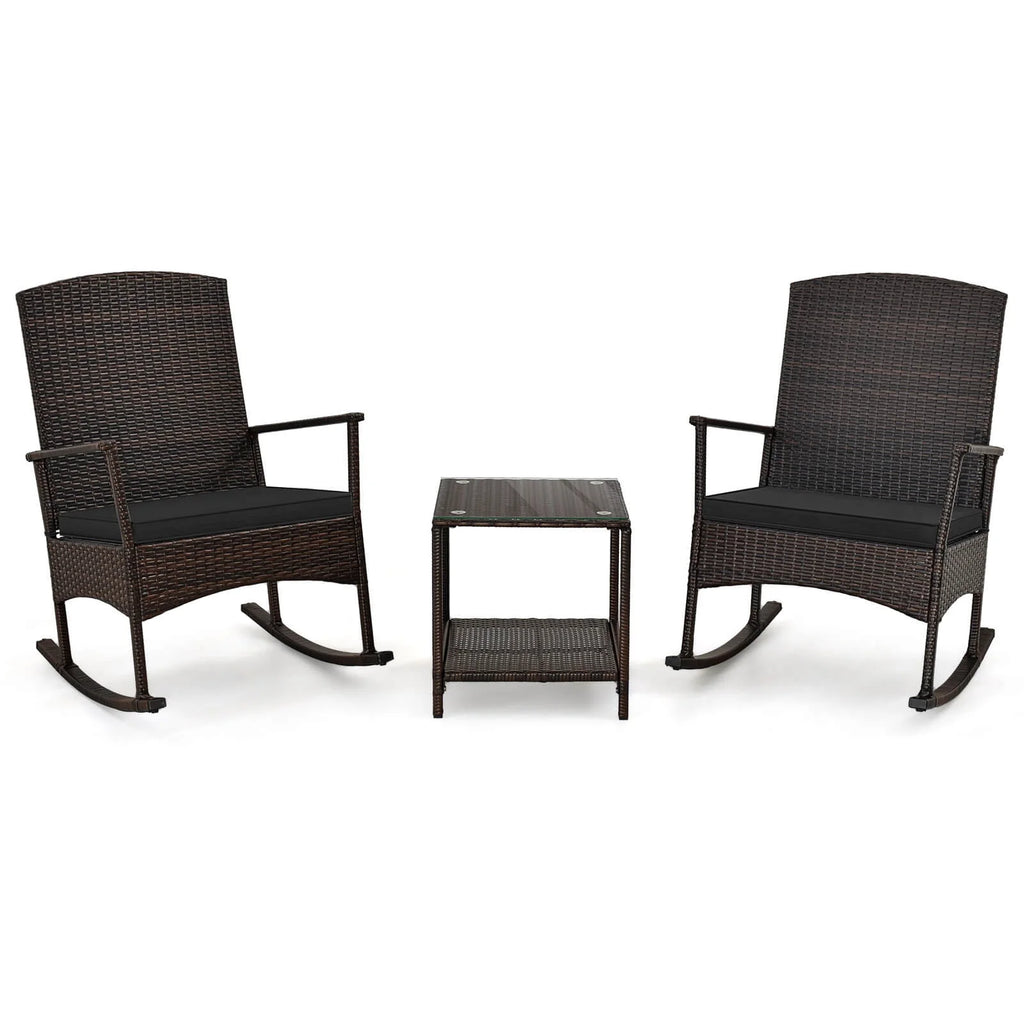 Costway Serenity 3 Piece Patio Rocking Wicker Rockers with White Cushions 2 Tier Coffee Table