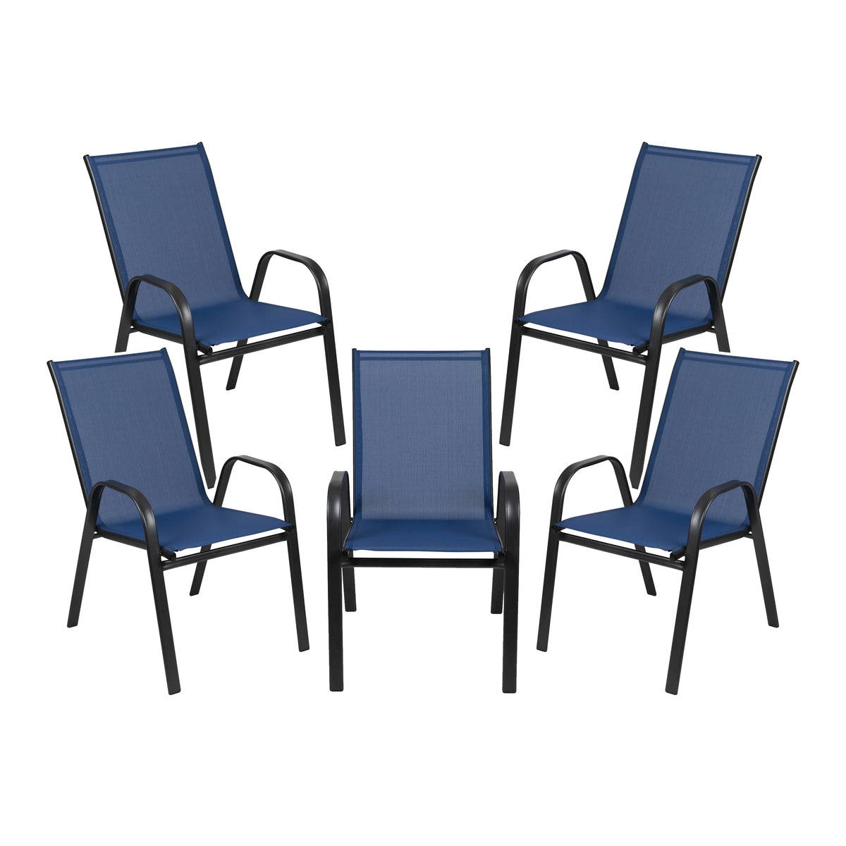 BizChair 5 Pack Black Outdoor Stack Chair with Flex Comfort Material and Metal Frame