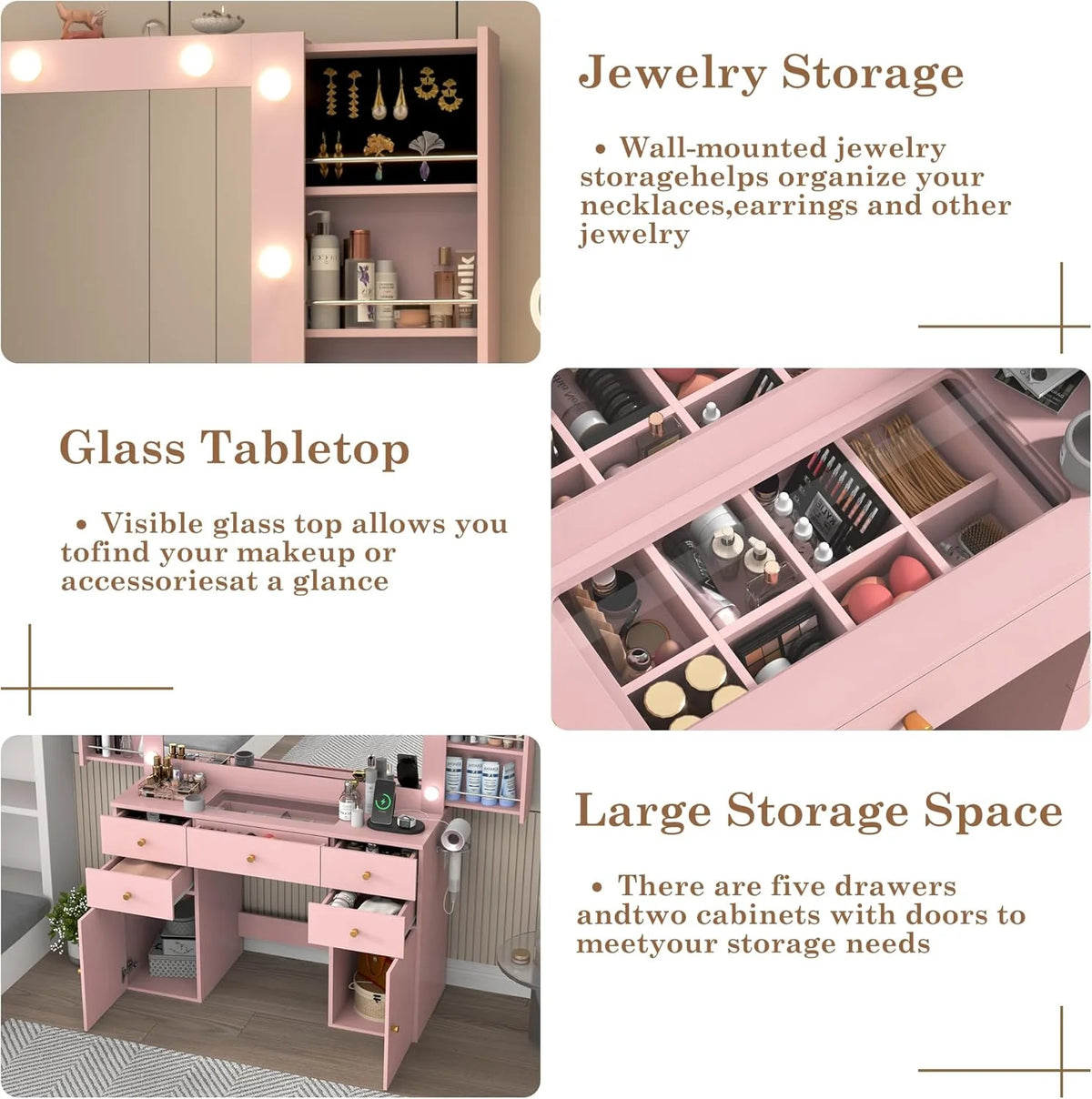 White Vanity Desk with Large Lighted Mirror & Power Outlet, Makeup Vanity Table with Glass Top & Drawers, Sliding Storage, 44.1" Large Makeup Vanity Table for Women Girls, White