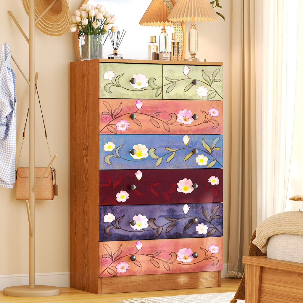 Ktaxon Wood 6-Drawer Dresser Organizer for Bedroom Storage Tower for Entryway Hallway Closet, Tall Chest Organizer Unit with Wood Bins, Floral Painted Wooden