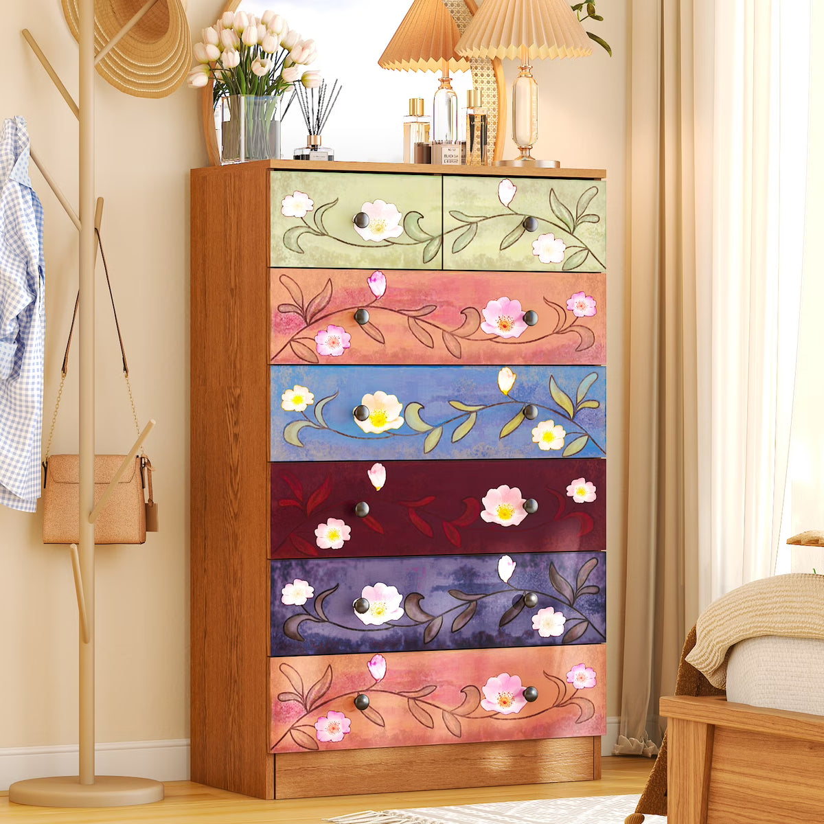 Ktaxon Wood 6-Drawer Dresser Organizer for Bedroom Storage Tower for Entryway Hallway Closet, Tall Chest Organizer Unit with Wood Bins, Floral Painted Wooden