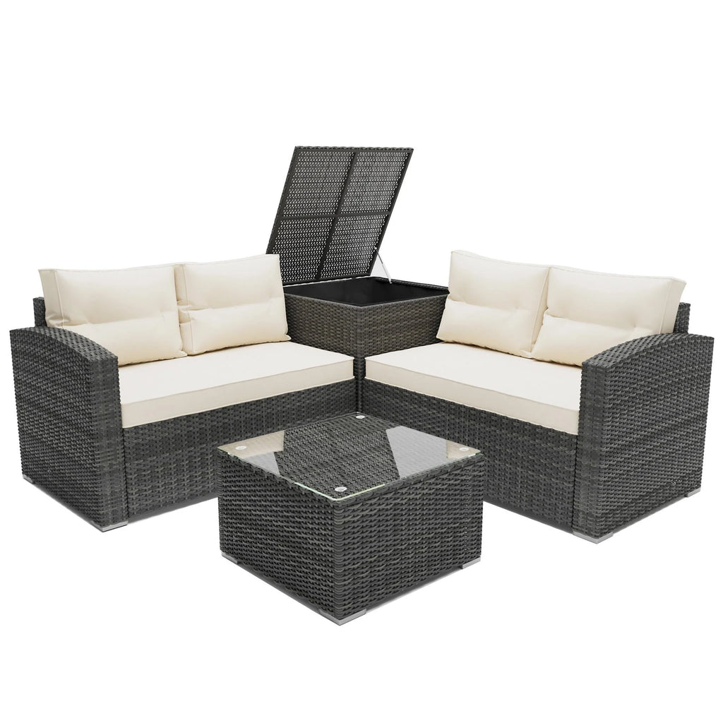 SEGMART 4 Piece Patio Furniture Set, All-Weather Outdoor Sectional Sofa Set, PE Rattan Conversation Set with Storage Box, Table & Cushions, Wicker Furniture Couch Set for Patio Deck Garden