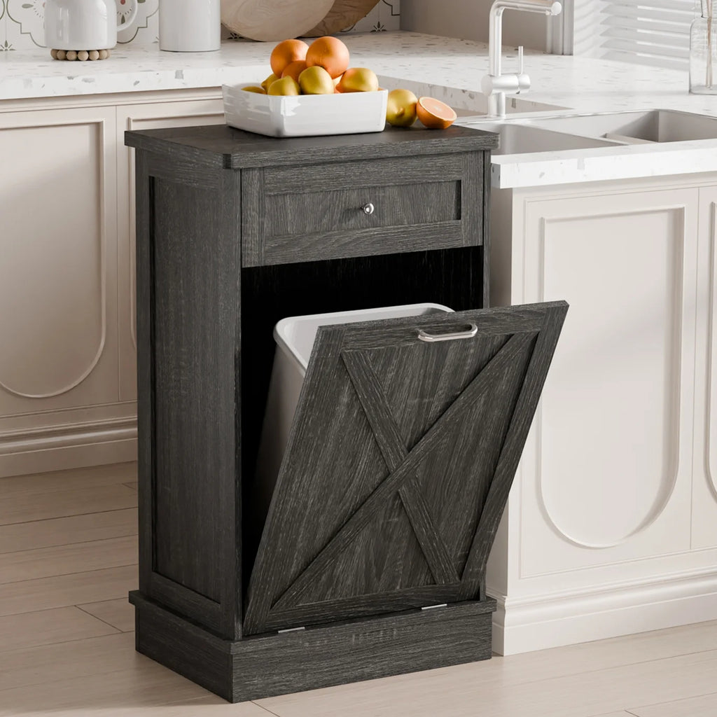 Tolead Double Tilt Out Trash Cabinet, Wooden Free Standing Laundry Sorter Cabinet, with Hideaway Drawer, White