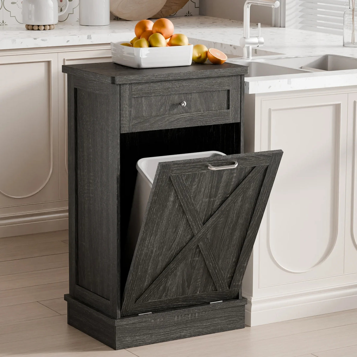 Tolead Double Tilt Out Trash Cabinet, Wooden Free Standing Laundry Sorter Cabinet, with Hideaway Drawer, White