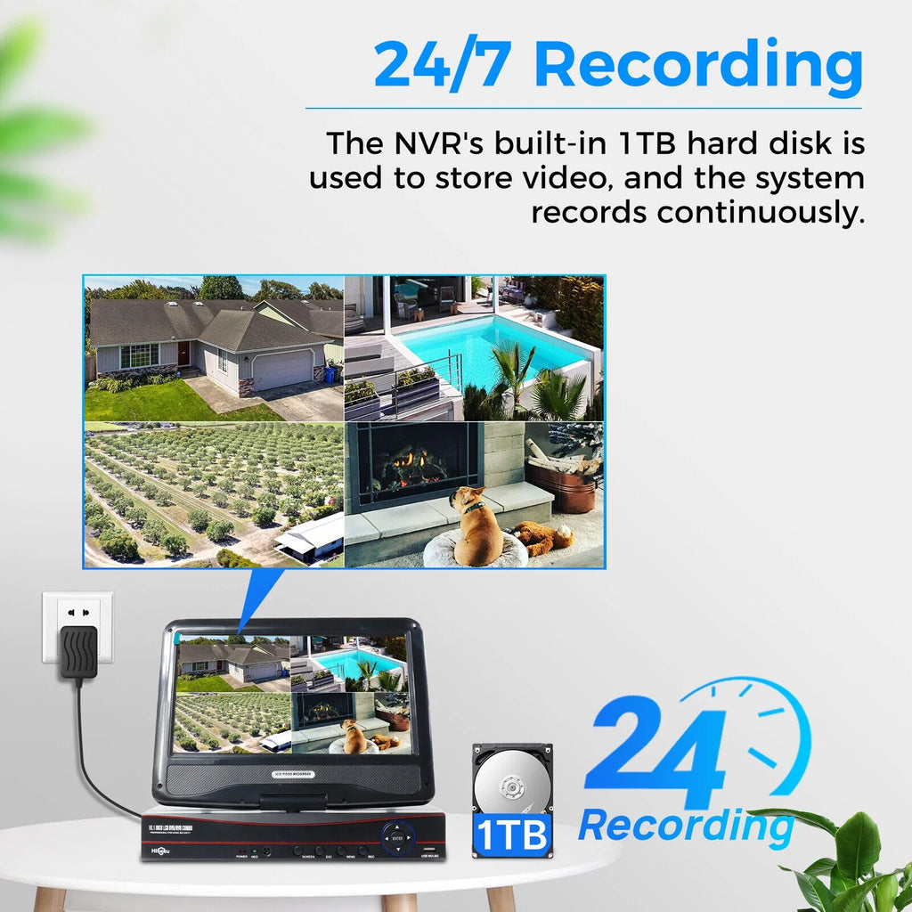 Hiseeu Security Camera System with 10.1'' Monitor 10CH 1TB Hard Drive NVR, Wireless Wifi Cameras for Recording and Remote View, Home Security Camera System
