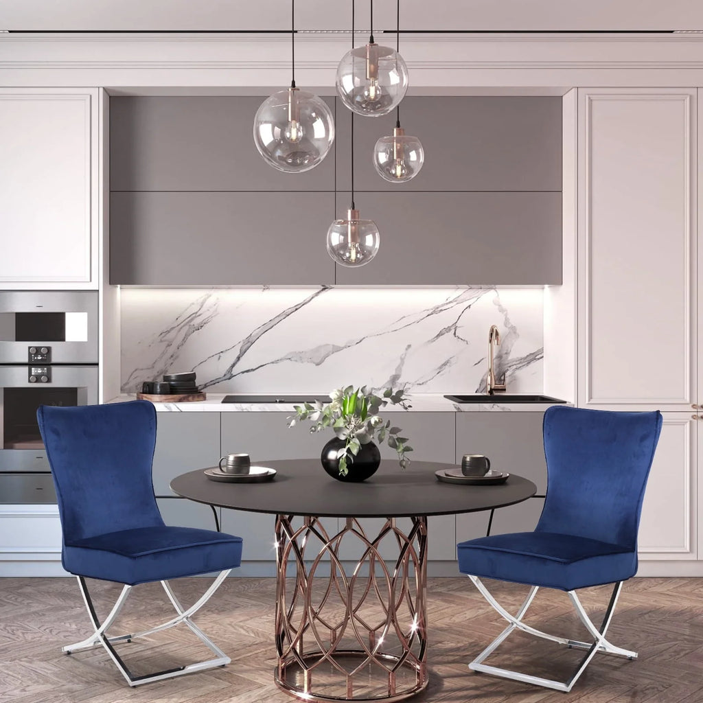 Foredo Elegant Velvet Dining Chairs Set of 2,  Luxury Upholstered Dining Chair with Metal Legs, X-Legs Tufted Side Chair for Dining Room Living Room, Dark Blue
