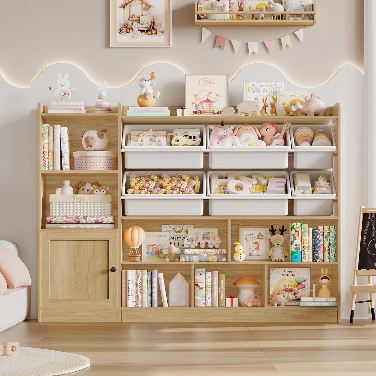 Hiphuta 55"In Kids Bookcase with Toy Storage Organizer, Wood Cube Bookcase Toy Chest of 8 Compartments & 6 Movable Bins, Bookshelf for Kids Bedroom, White