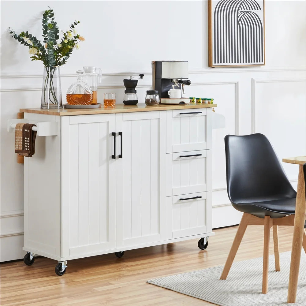 Renwick Rolling Kitchen Cart with Cabinets and Drawers, White