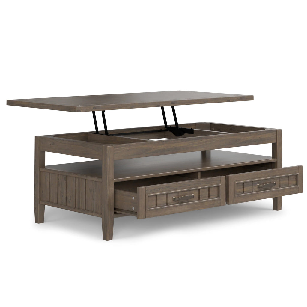 Simpli Home Lev SOLID WOOD 48 inch Wide Rectangle Transitional Lift Top Coffee Table in Smoky Brown