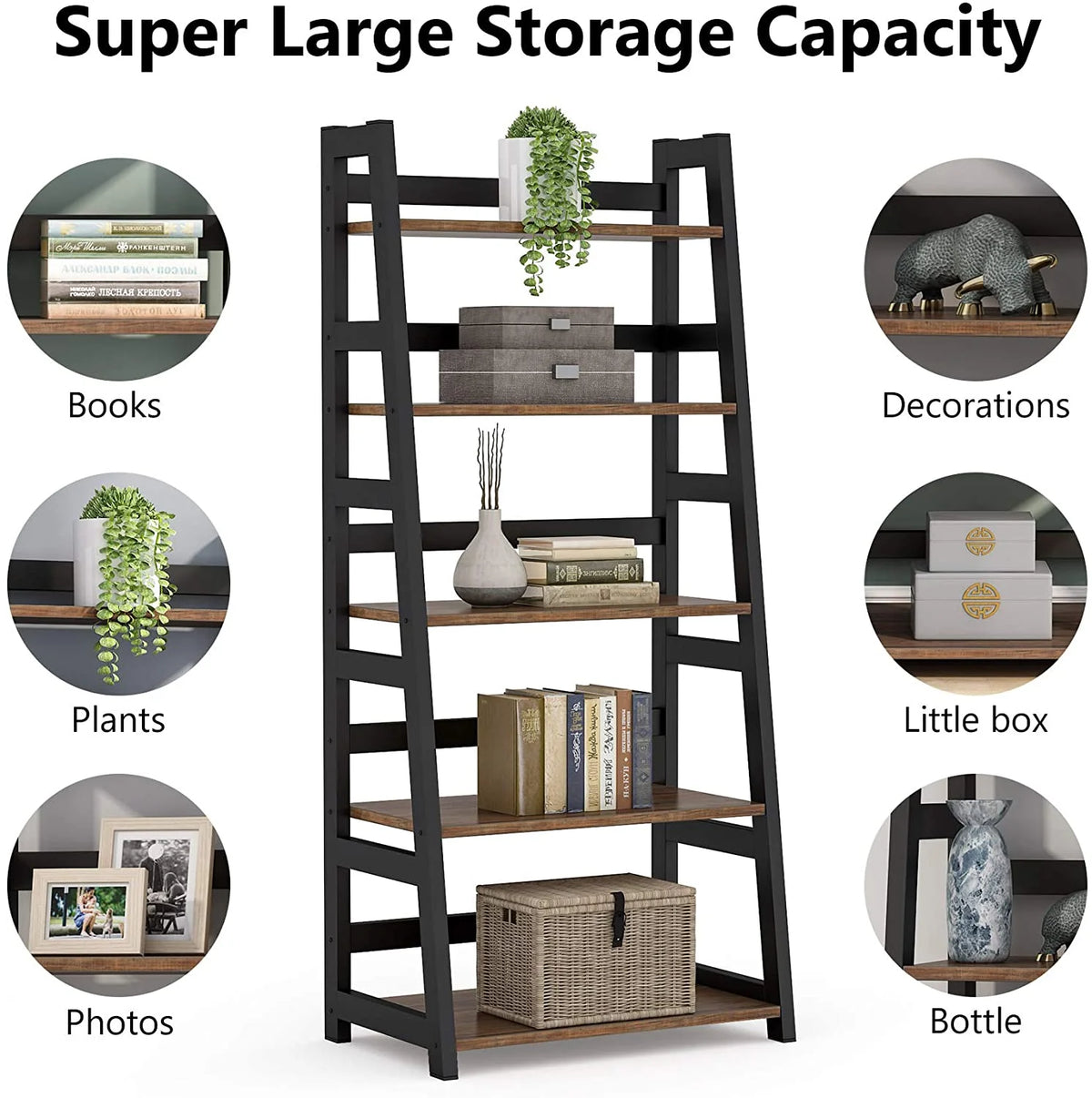 Tribesigns 5 Shelf Ladder Bookshelf Bookcase with Storage, Modern Etagere Bookcase for Living Room , Wood & Metal