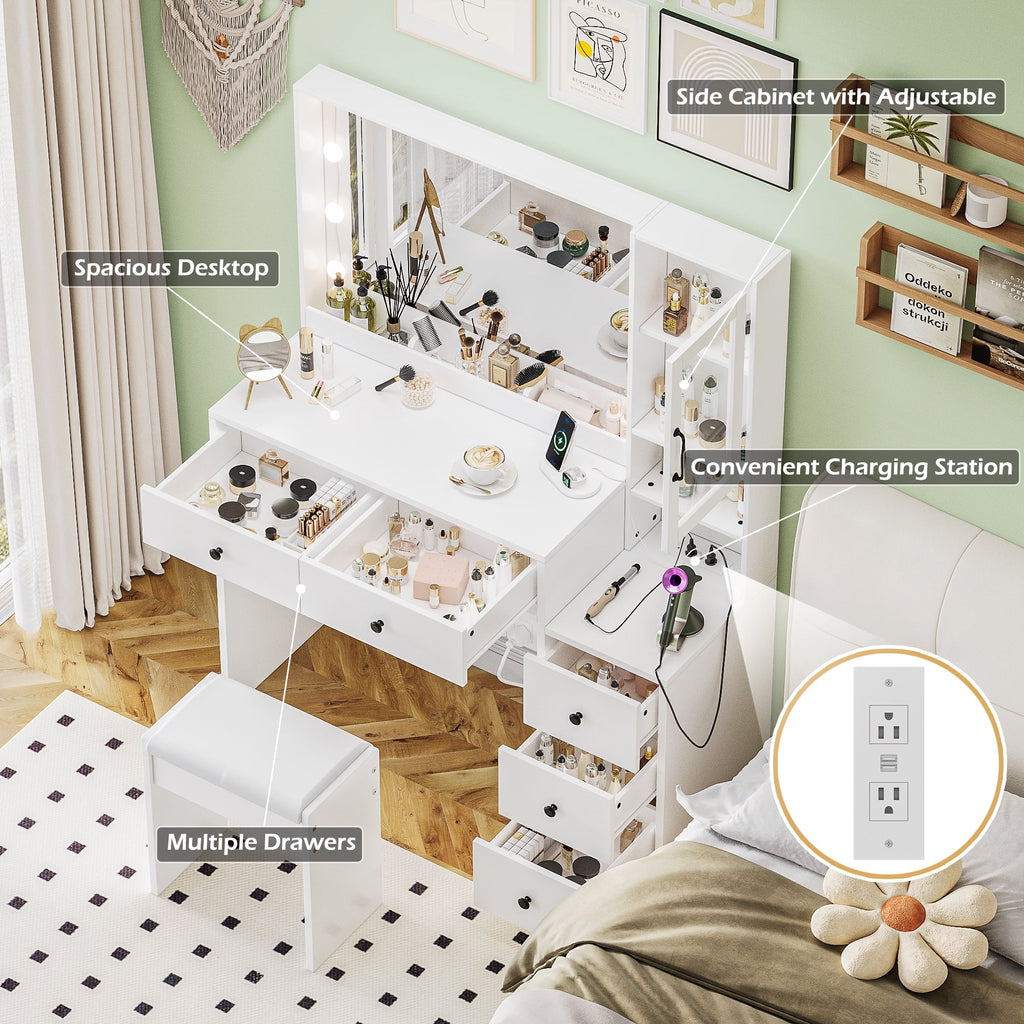 UGTOO 58.3" White Vanity Desk with Mirror, Adjustable Lighting, Power Outlet, Drawers, with Stool