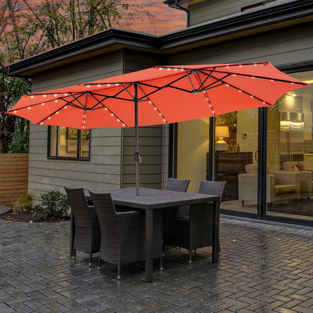 Costway 15FT Twin Patio Double-Sided Umbrella 48 Solar LED Lights Crank Outdoor Beige