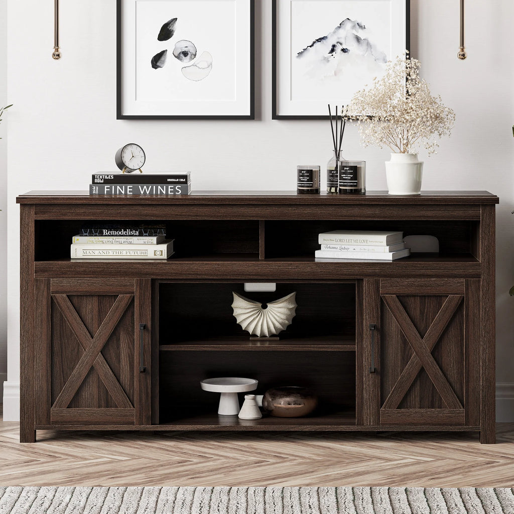 BELLEZE 58 Inch TV Stand, Contemporary Entertainment Center for TVs up to 65", Wood Media Console Table with Two Open Shelves and Barn Door Cabinets - Corin (White)