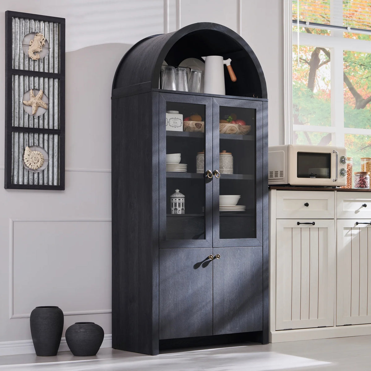 SinCiDo Arched Kitchen Pantry Storage Cabinet, 71-Inch Tall Wood Adjustable Shelves, 2 Doors, 2 Drawers