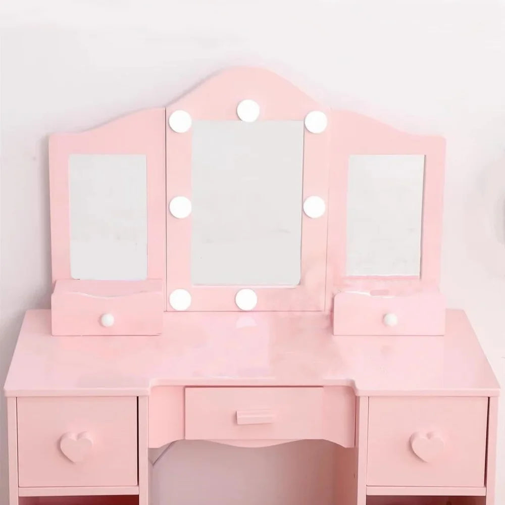 Zzistar Kids Vanity Table Set with Light, Tri-Folding Mirror, 5 Drawers and Square Stool, Wood Makeup Desk Dressing Table with Open Storage Shelves and Detachable Top
