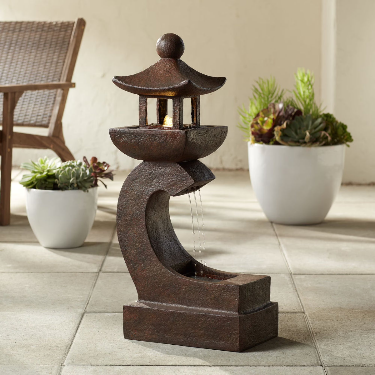 Pagoda 31" High Large Zen Japanese Indoor Outdoor Decor Rust Stone Floor Fountain with Light LED Outside