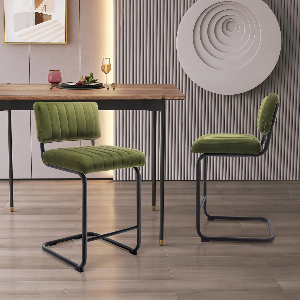 Zesthouse 24" Velvet Counter Stools Set of 2, Modern Counter Height Bar Stools with Back and Black Metal Base, Green