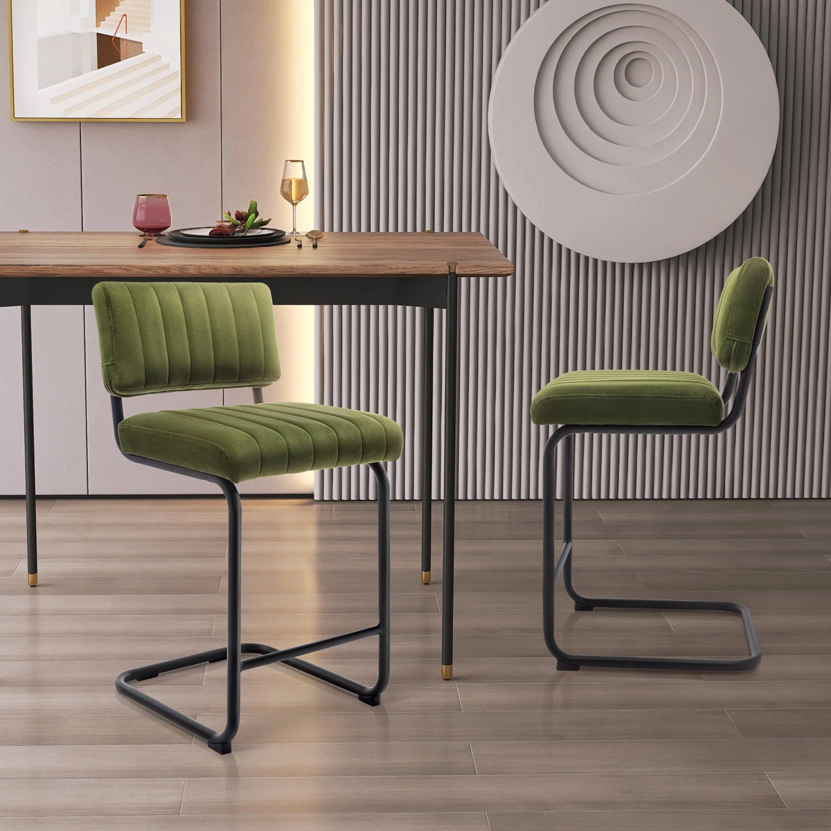 Zesthouse 24" Velvet Counter Stools Set of 2, Modern Counter Height Bar Stools with Back and Black Metal Base, Green