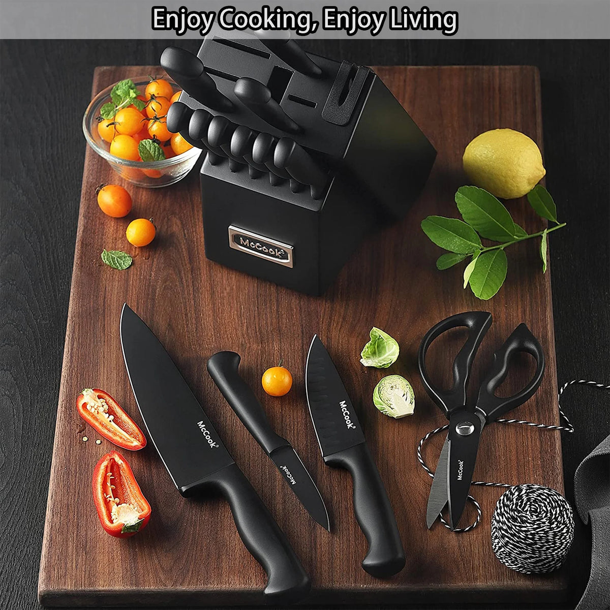 McCook MC29 Knife Sets, 15 Pieces German Stainless Steel Kitchen Knife Block Sets with Built-in Sharpener